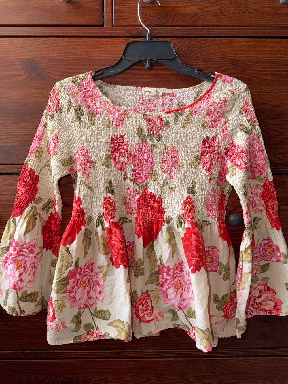 Jane & Delancey Smocked Bell Sleeve Blouse Floral Peplum M